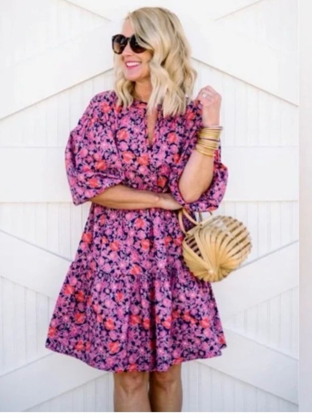 SUNDRY x EVEREVE Anywhere Tiered Puffed Sleeve Mini Dress in Ditsy Floral size M